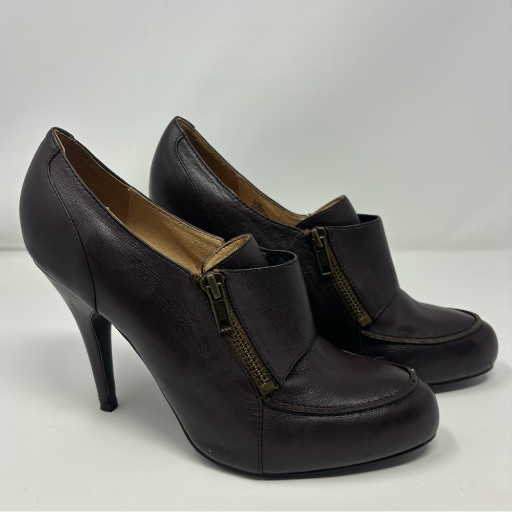 Two Lips Unzipped Heels Size 8.5M Brown Leather Shoes 4” Stiletto Pumps